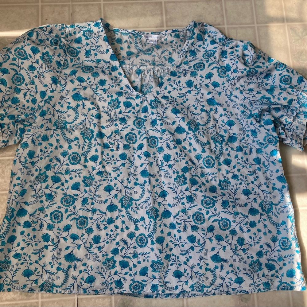 Draper James Turquoise Floral Print V Neck Cotton Blouse